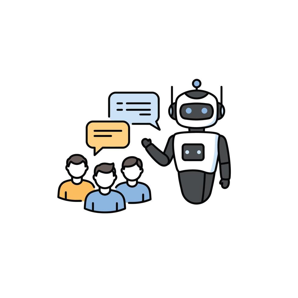 A robot is talking to people in a group vector
