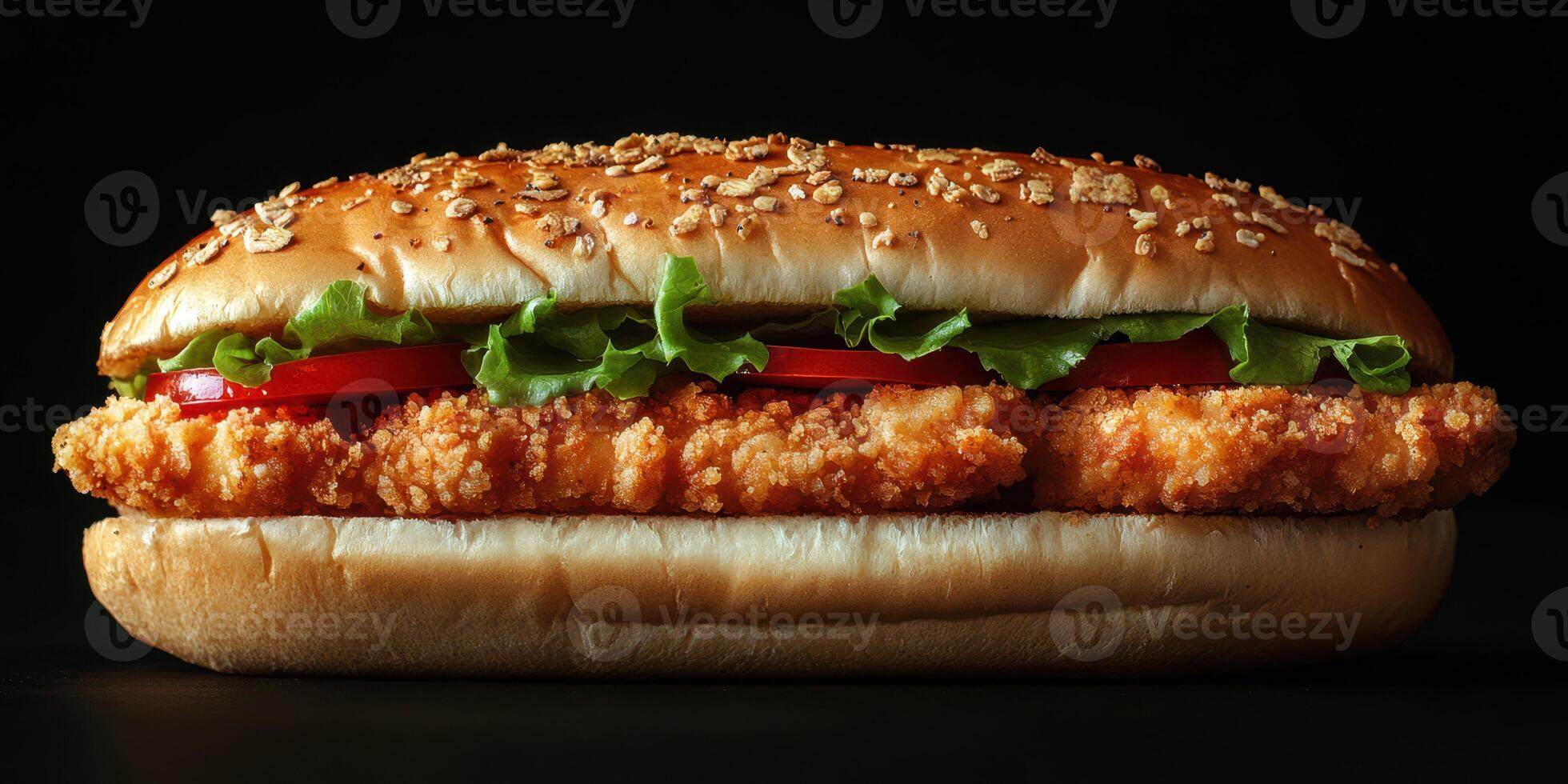 Delicious crispy chicken sandwich with lettuce and tomato served on a sesame seed bun photo