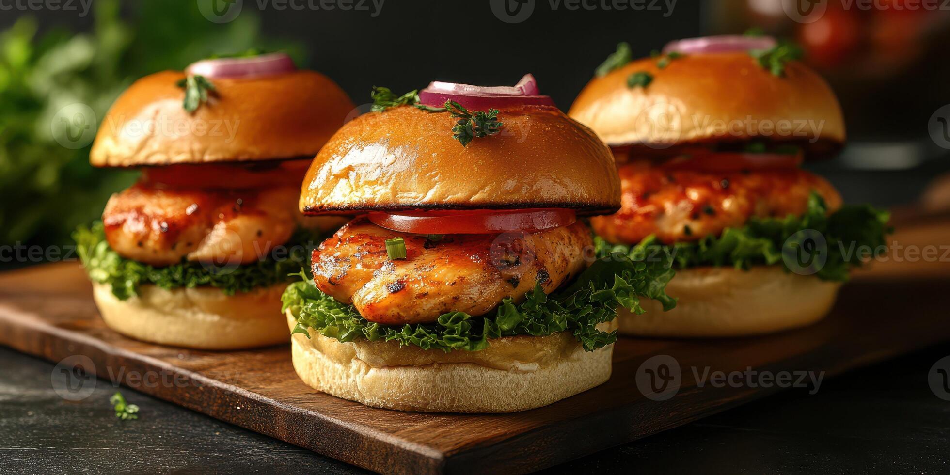 Delicious chicken burgers on a wooden board with fresh vegetables and herbs ready to serve at a casual gathering photo