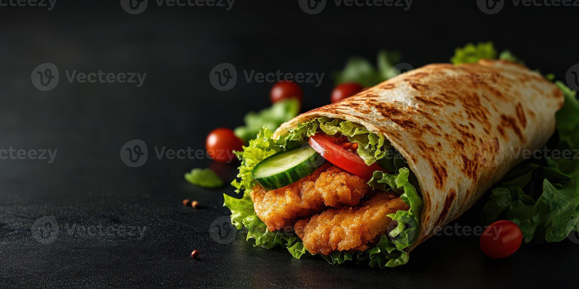 Delicious crispy chicken wrap with fresh vegetables on a dark background showcases culinary artistry and flavor photo
