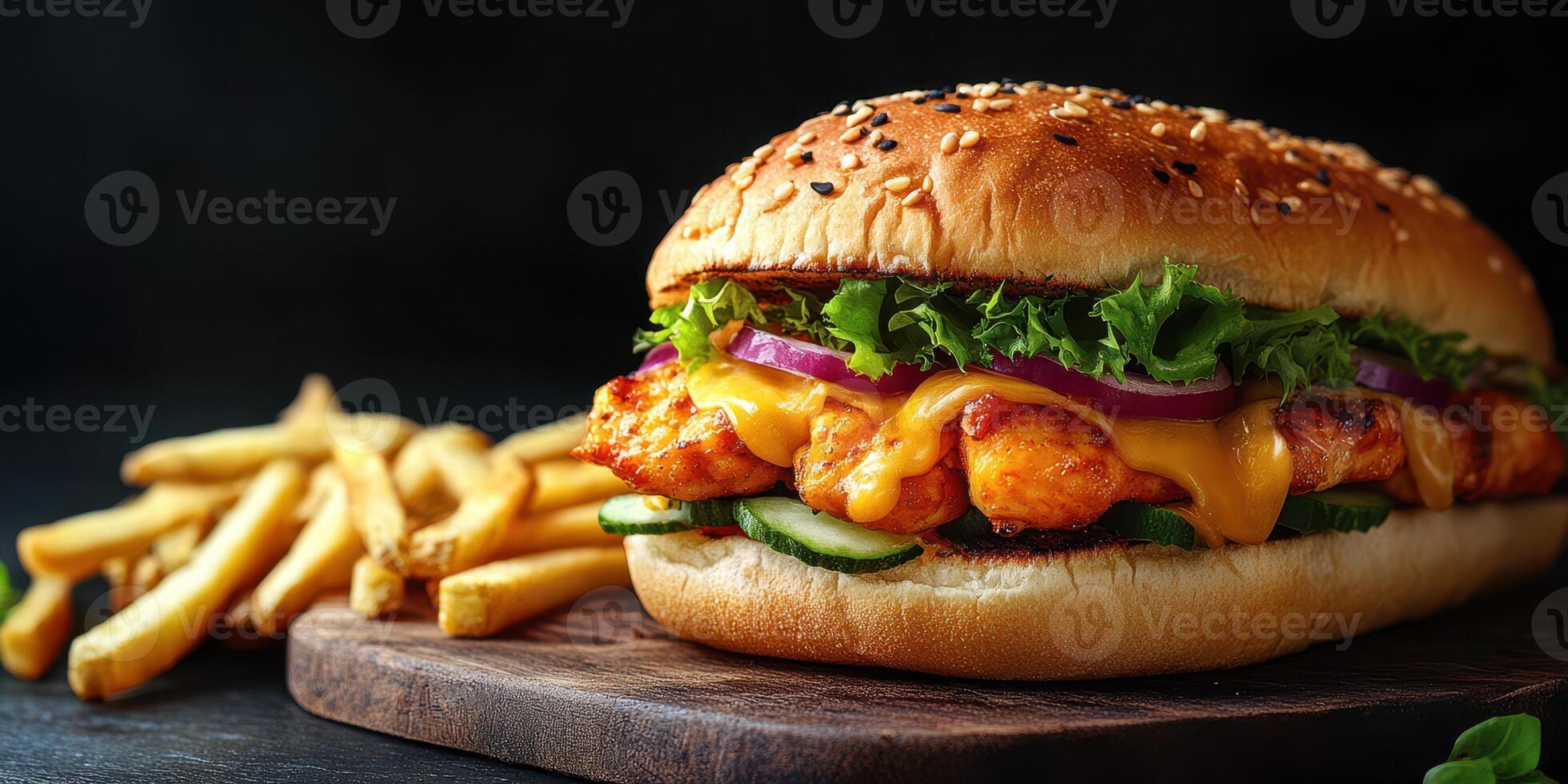 Delicious chicken sandwich served with crispy French fries on a wooden cutting board photo
