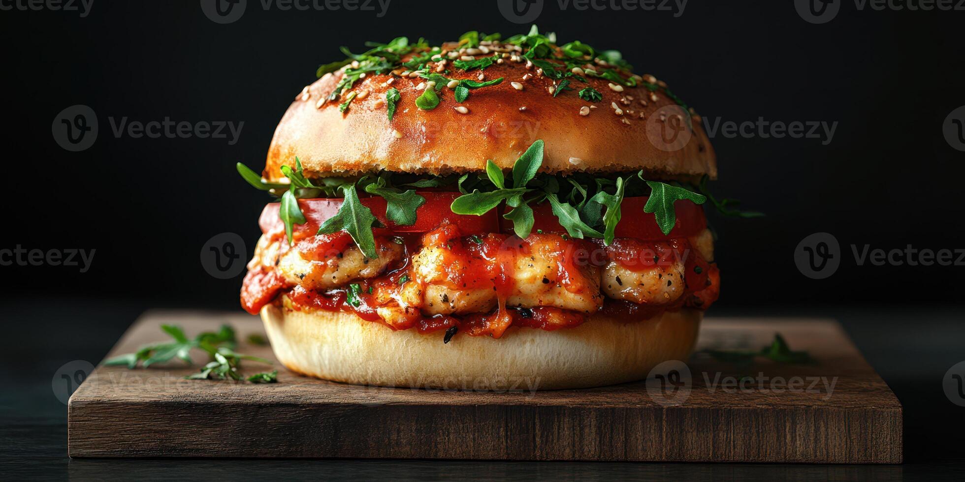 Mouthwatering handmade chicken burger with fresh greens and rich sauce on a wooden board photo