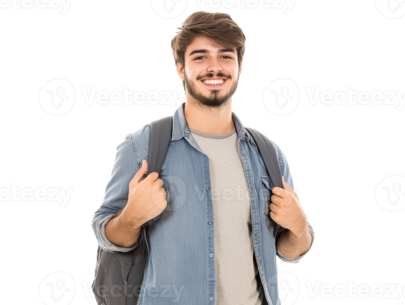 Smiling Young Man with Backpack and Denim Shirt against Transparent Background png