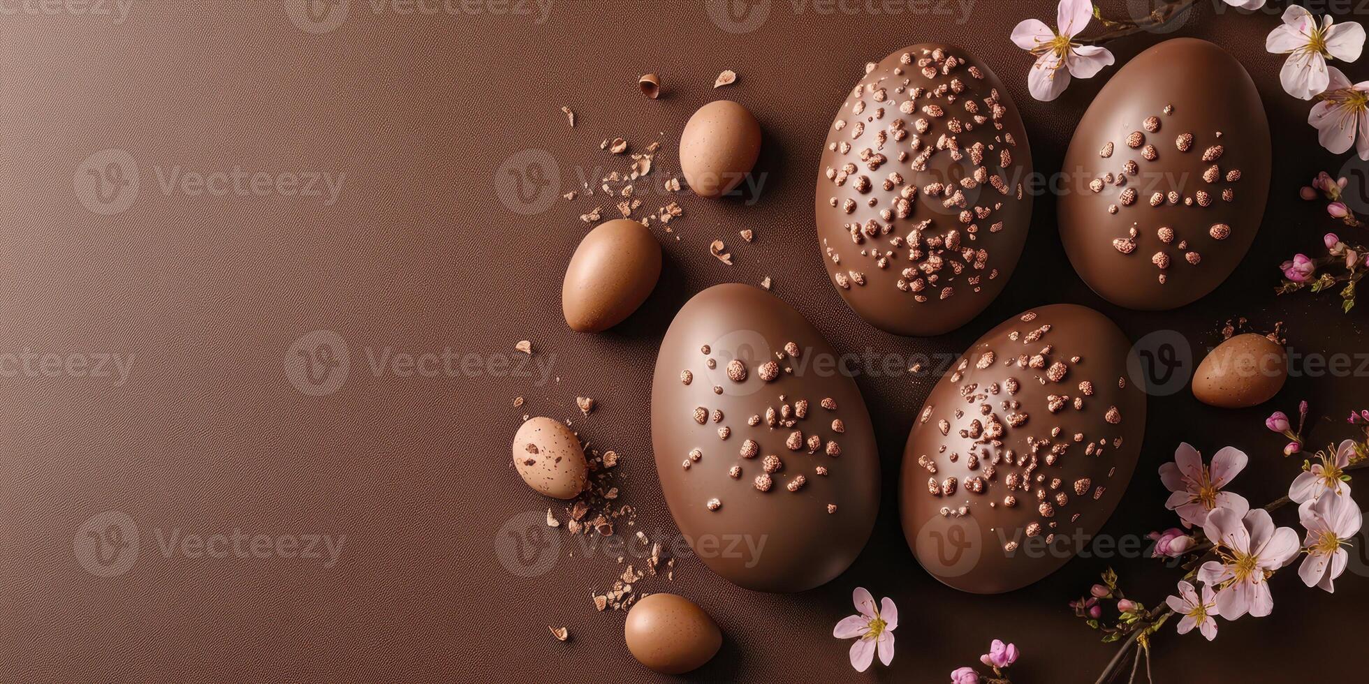 Chocolate eggs with decorative sprinkles and flowers create a festive spring atmosphere photo
