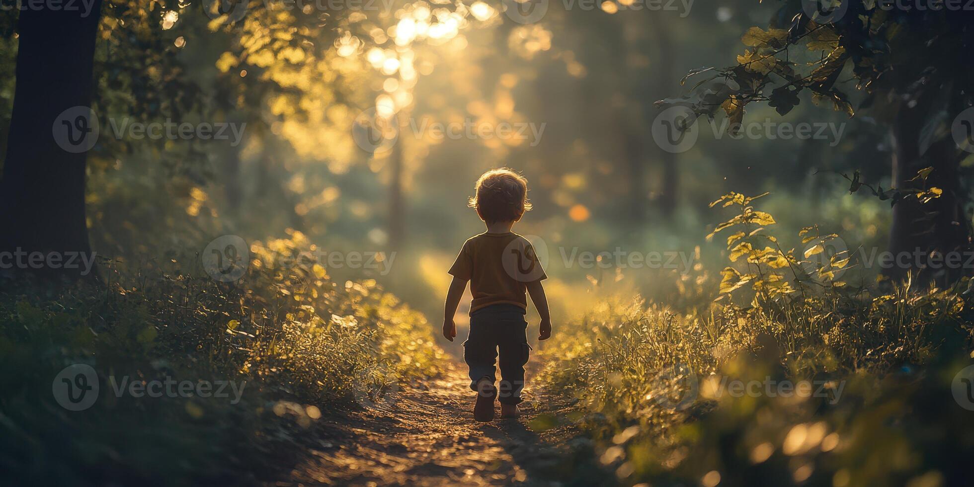 Child walking along a sunlit path in a forest during golden hour, surrounded by nature and tranquility photo