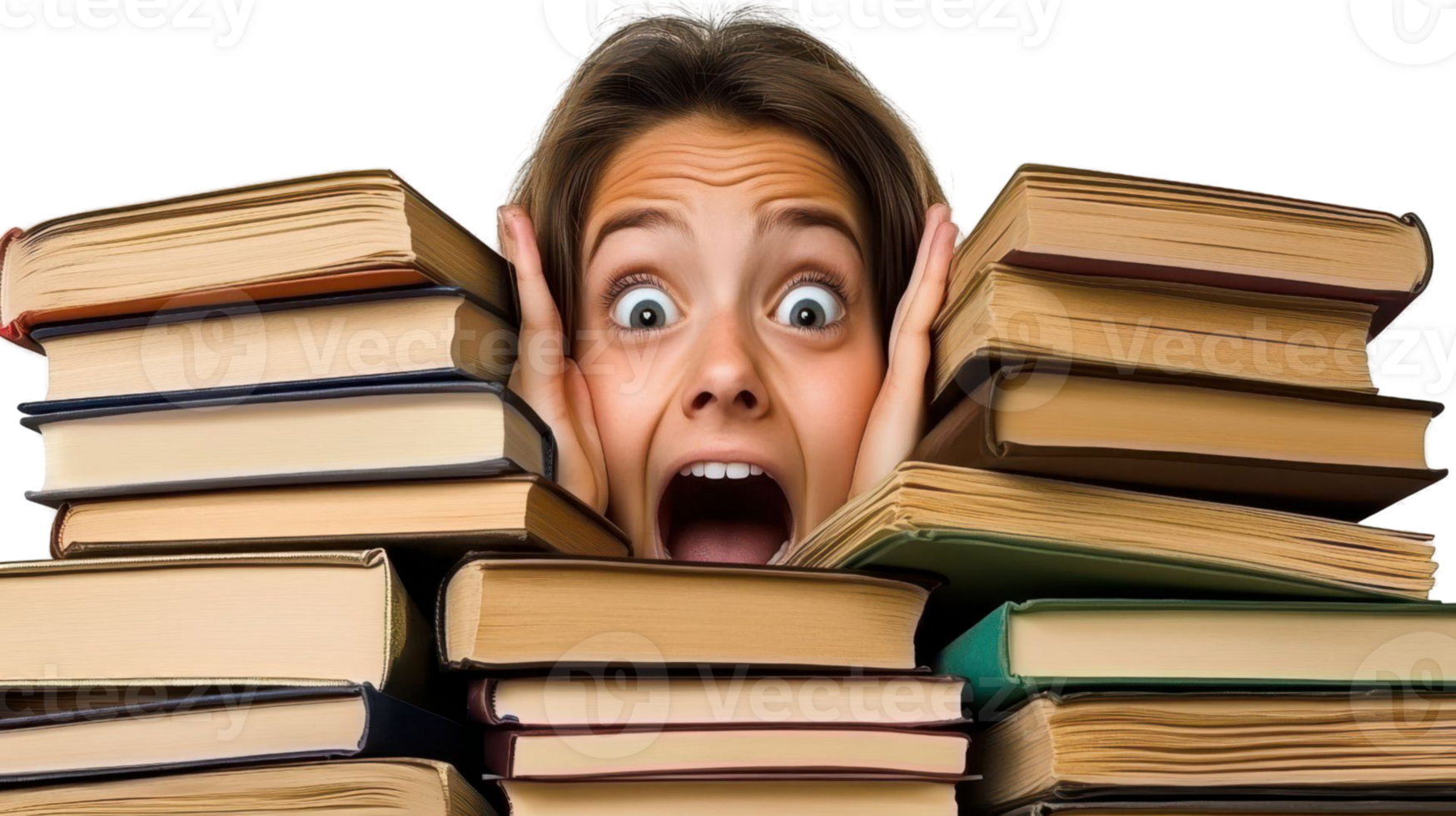 Terrified Young Person Buried in a Pile of Books Showing Fear and Panic with Transparent Background png