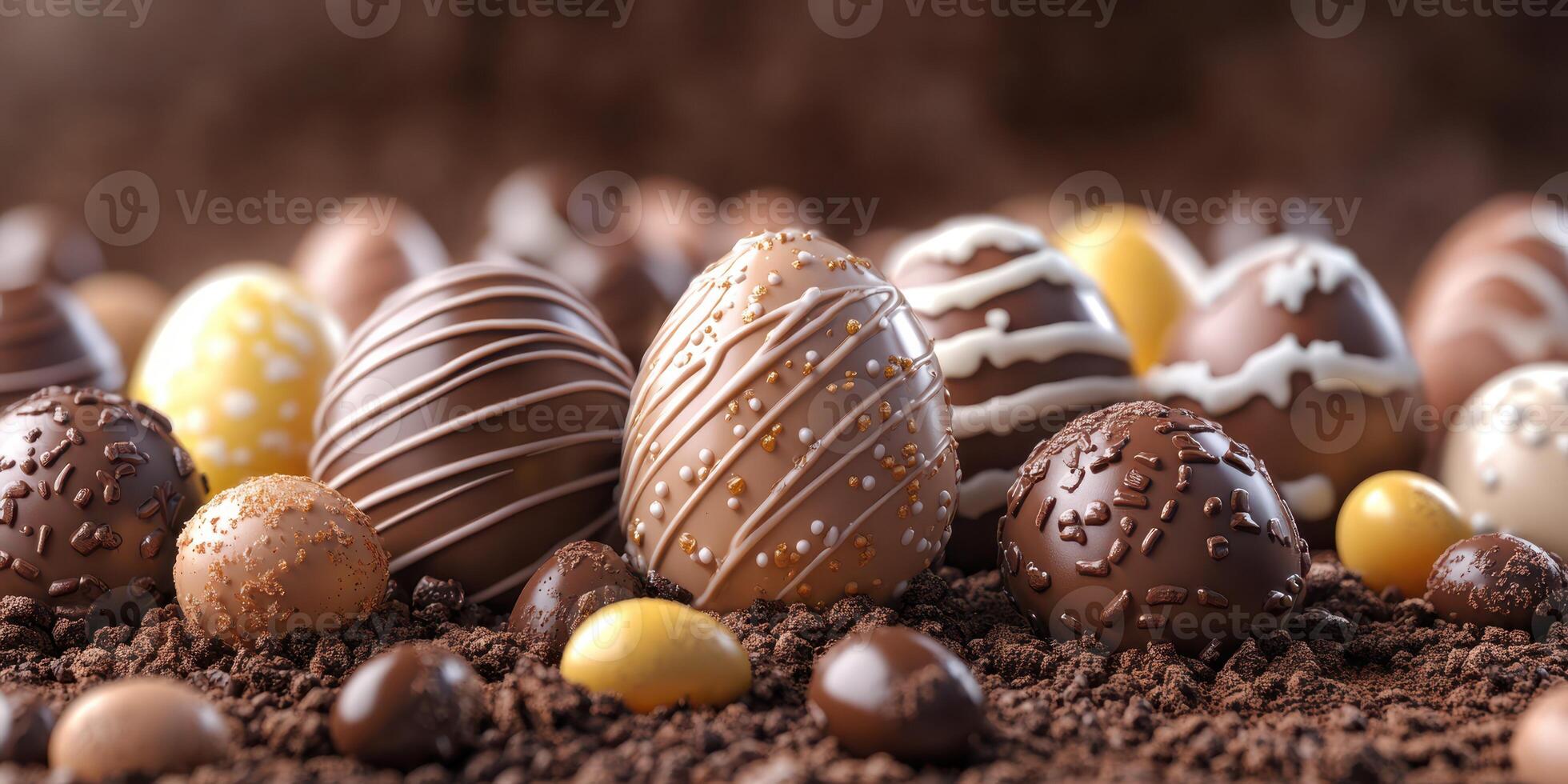Delicious Easter eggs and candies arranged on chocolate crumbs in a festive display photo
