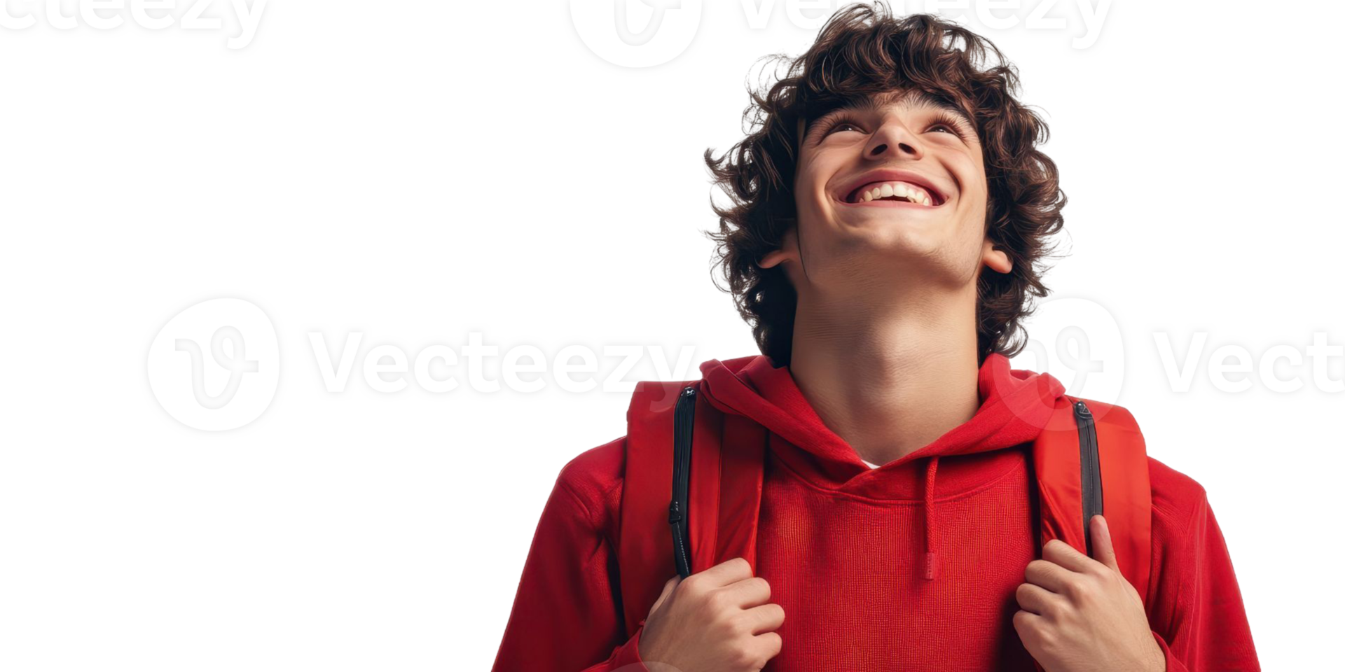 Young Man In Red Hoodie Looks Up At The Sky Smiling And Carrying A Backpack png