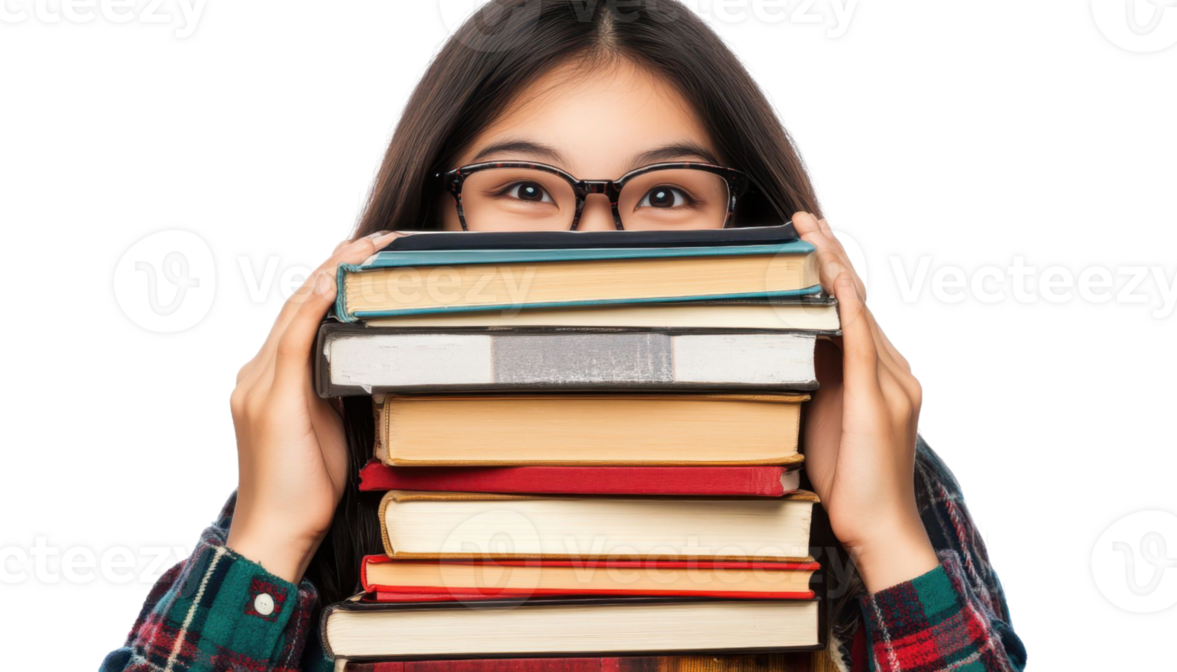 Young Student With Glasses Holding Stack Of Books And Peeking Over Them Transparent Background png