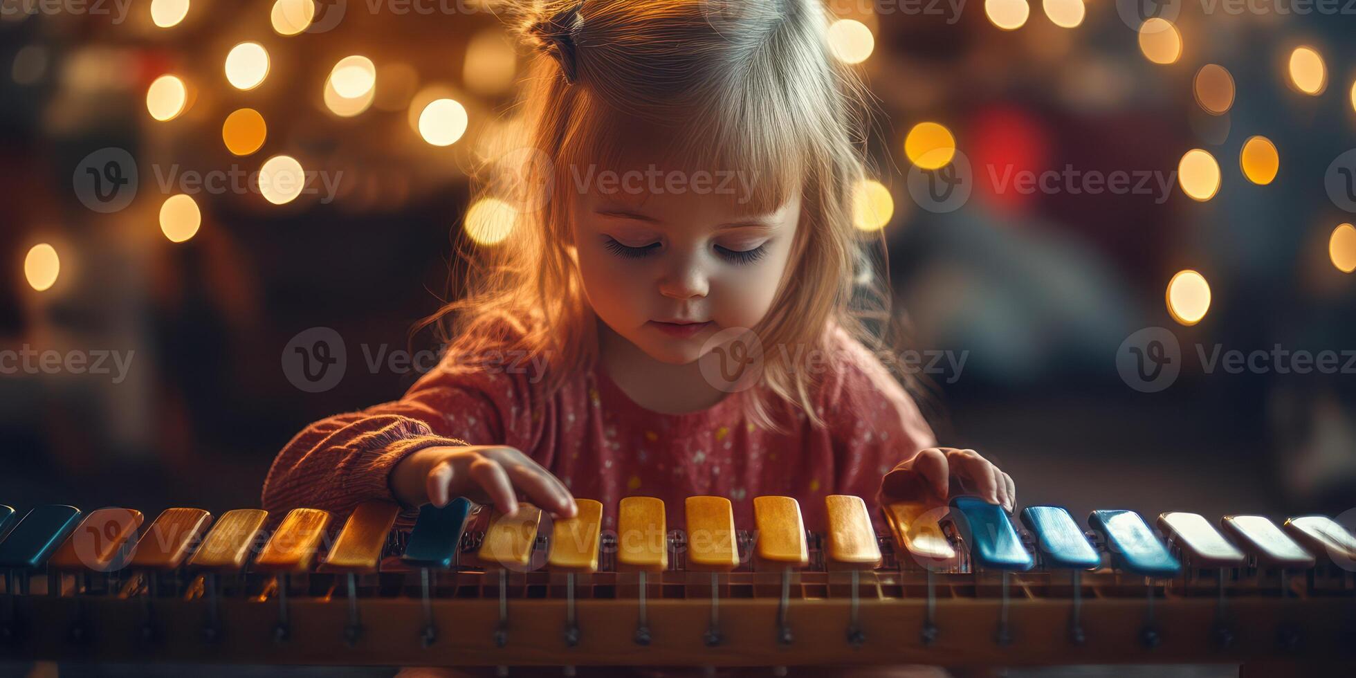 Young girl playing xylophone surrounded by warm, glowing lights at home during the holiday season photo