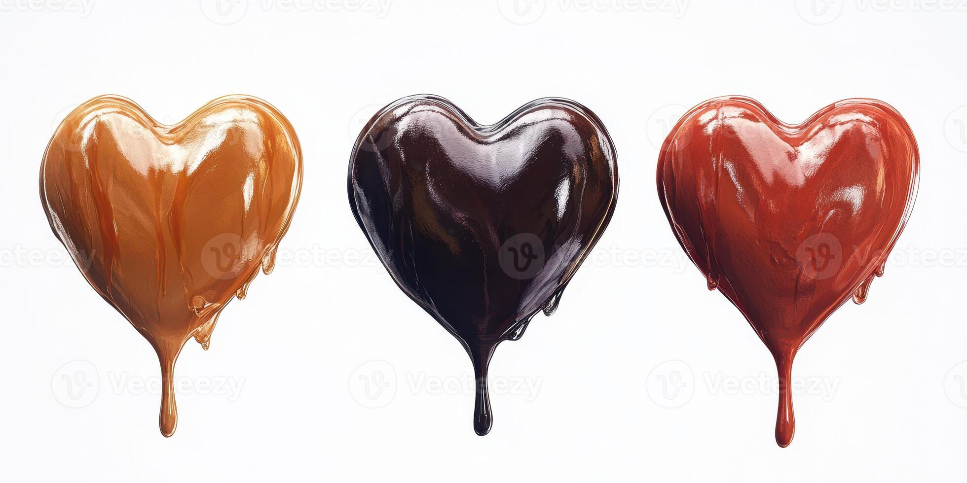 Heart-shaped drips of various chocolate types displayed on a white background for culinary inspiration photo