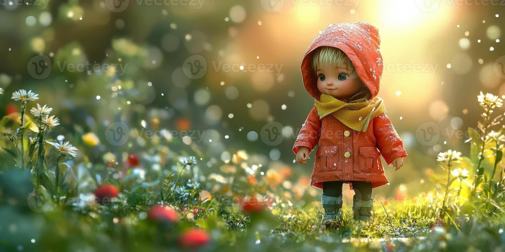 Outdoor exploration of a small doll in a red coat among blooming flowers at sunset photo