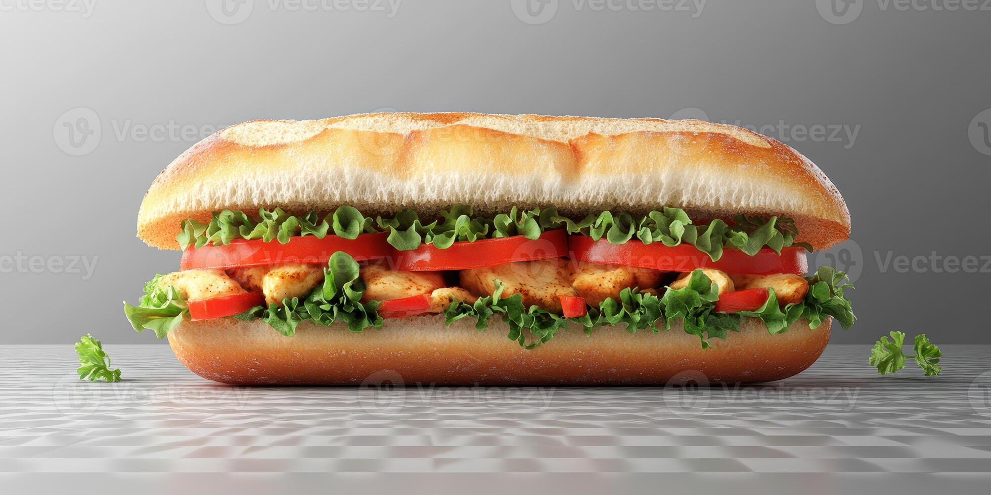 Freshly made sandwich with grilled chicken, lettuce, and tomato on a simple gray background photo