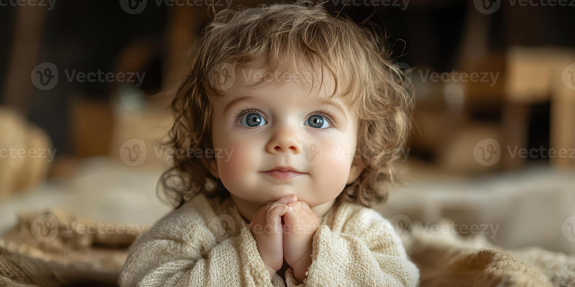 Cute toddler with curly hair and bright blue eyes looking curiously while sitting indoors surrounded by soft textures photo