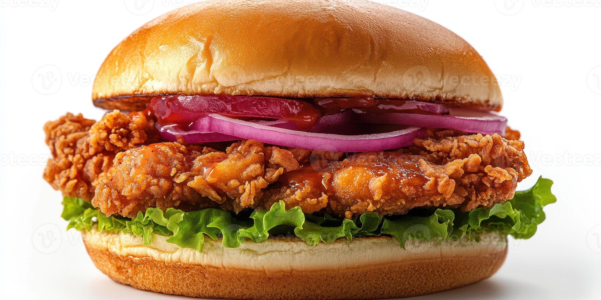 Crispy chicken sandwich with fresh lettuce, onions, and tangy sauce on a soft bun photo