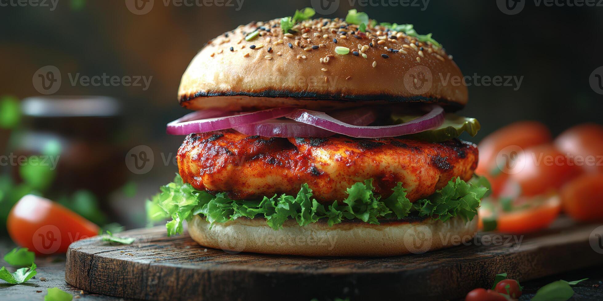Juicy grilled chicken burger topped with fresh vegetables and herbs served on a rustic wooden board photo