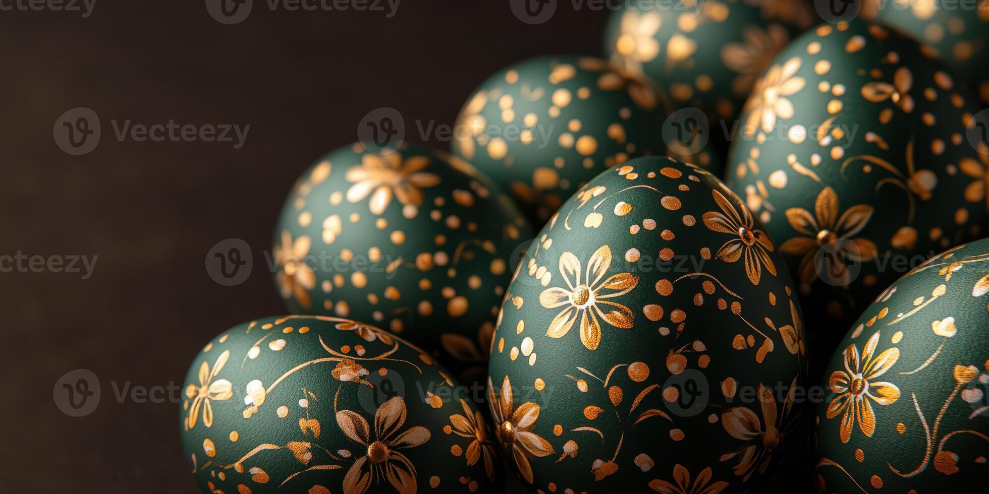 Decorative green Easter eggs with floral patterns on a dark background celebrating the spring season photo