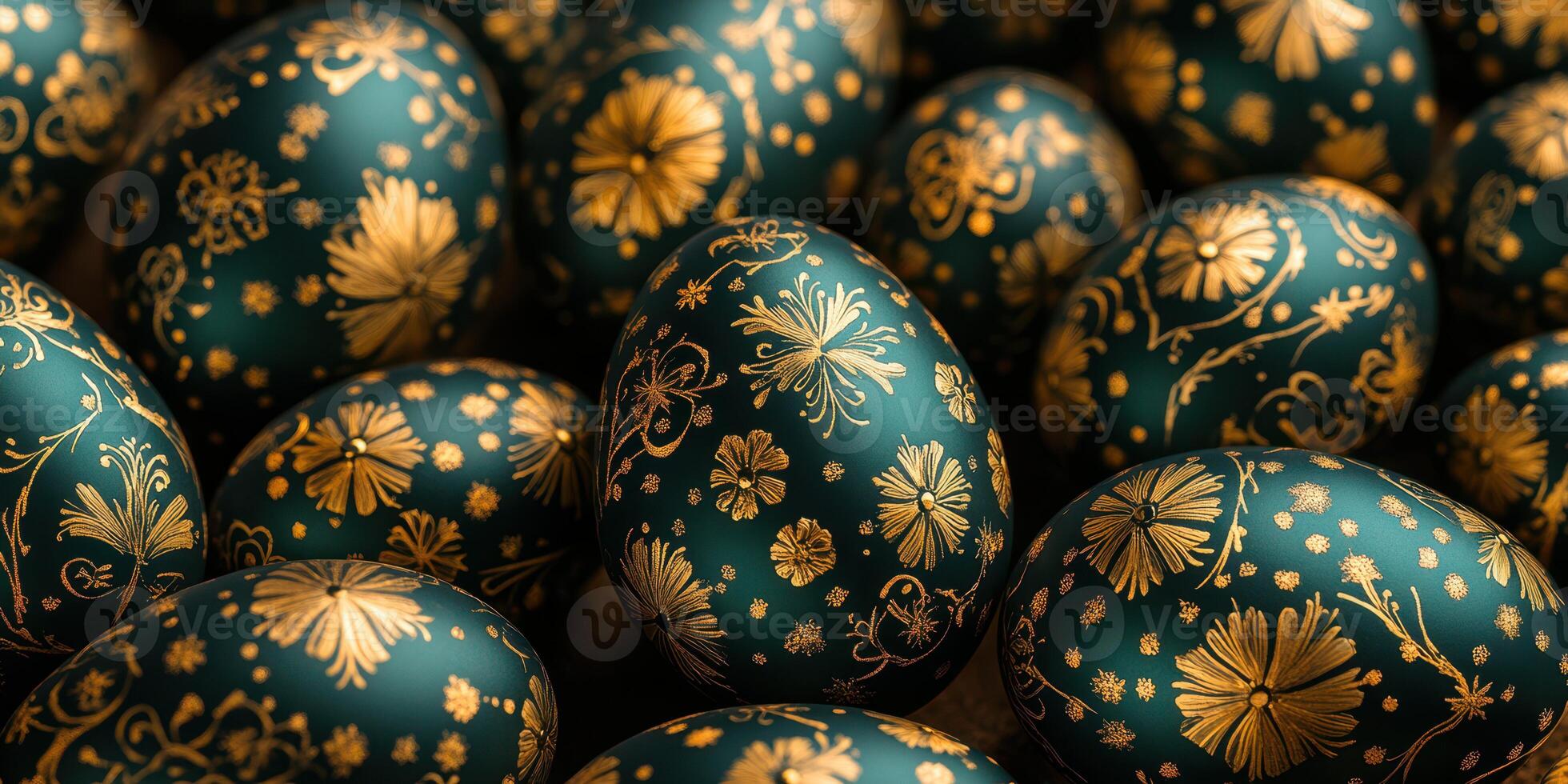 Decorative eggs resting together showcasing intricate floral designs in rich colors for a festive occasion photo