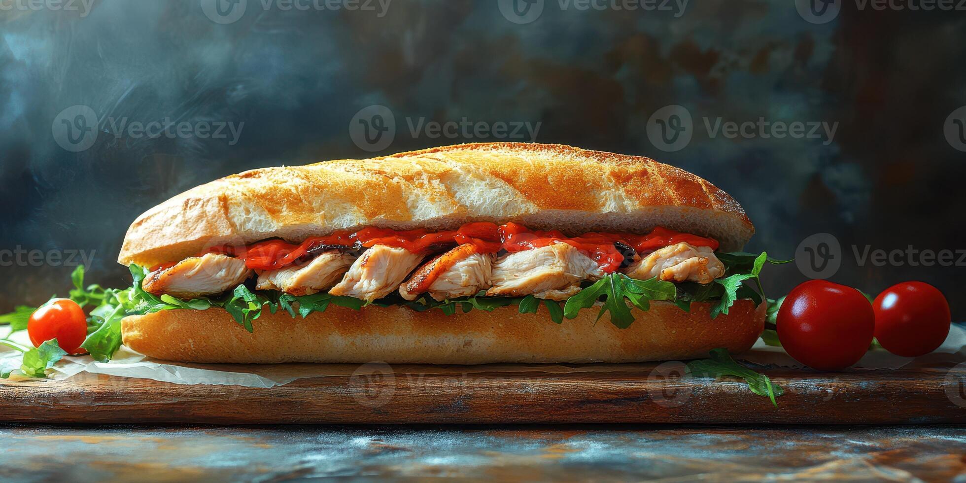 Freshly made sandwich with grilled chicken and vegetables on a wooden board photo