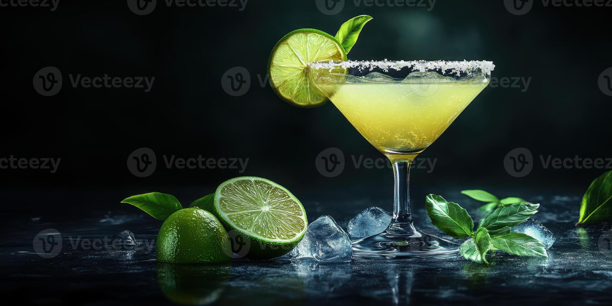 Refreshing margarita cocktail garnished with lime and basil on a dark surface photo