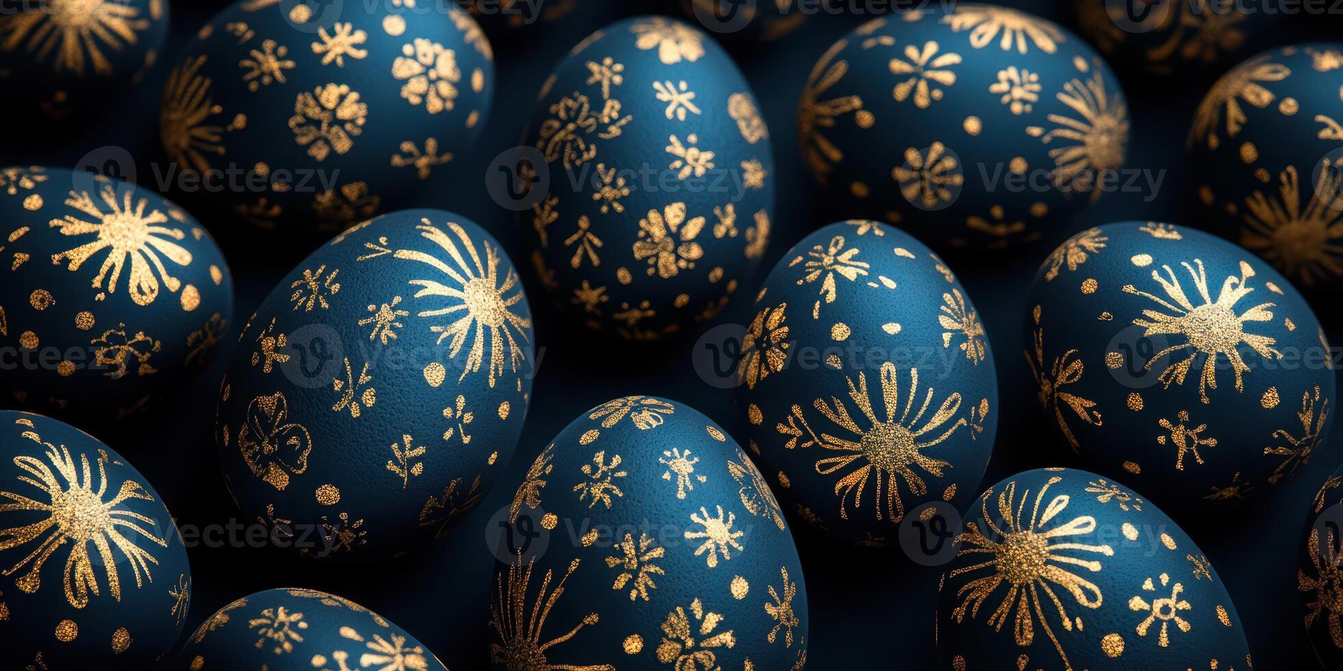 Decorative blue and gold eggs arranged artfully for an elegant celebration during the spring season photo