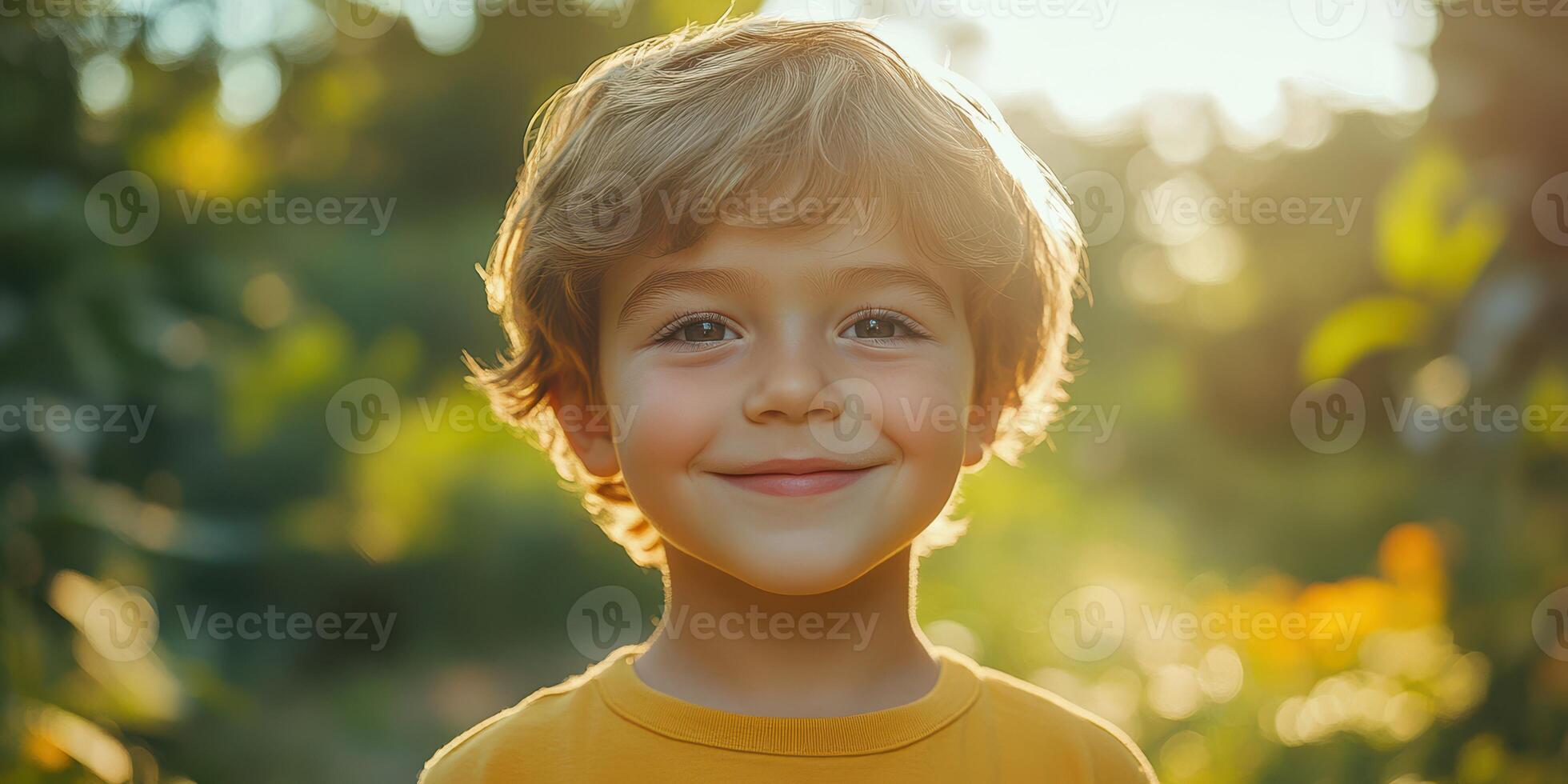 Young boy smiles brightly in a sunlit garden during golden hour photo