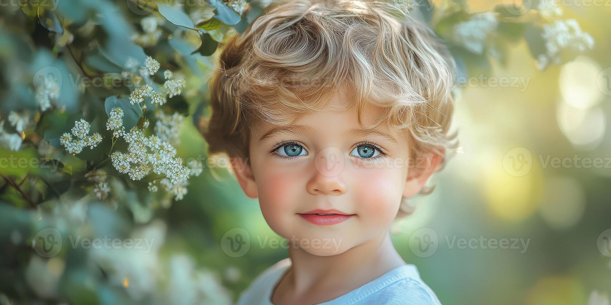 Small child with curly hair and bright blue eyes smiles amid blooming flowers in a natural setting during daylight photo