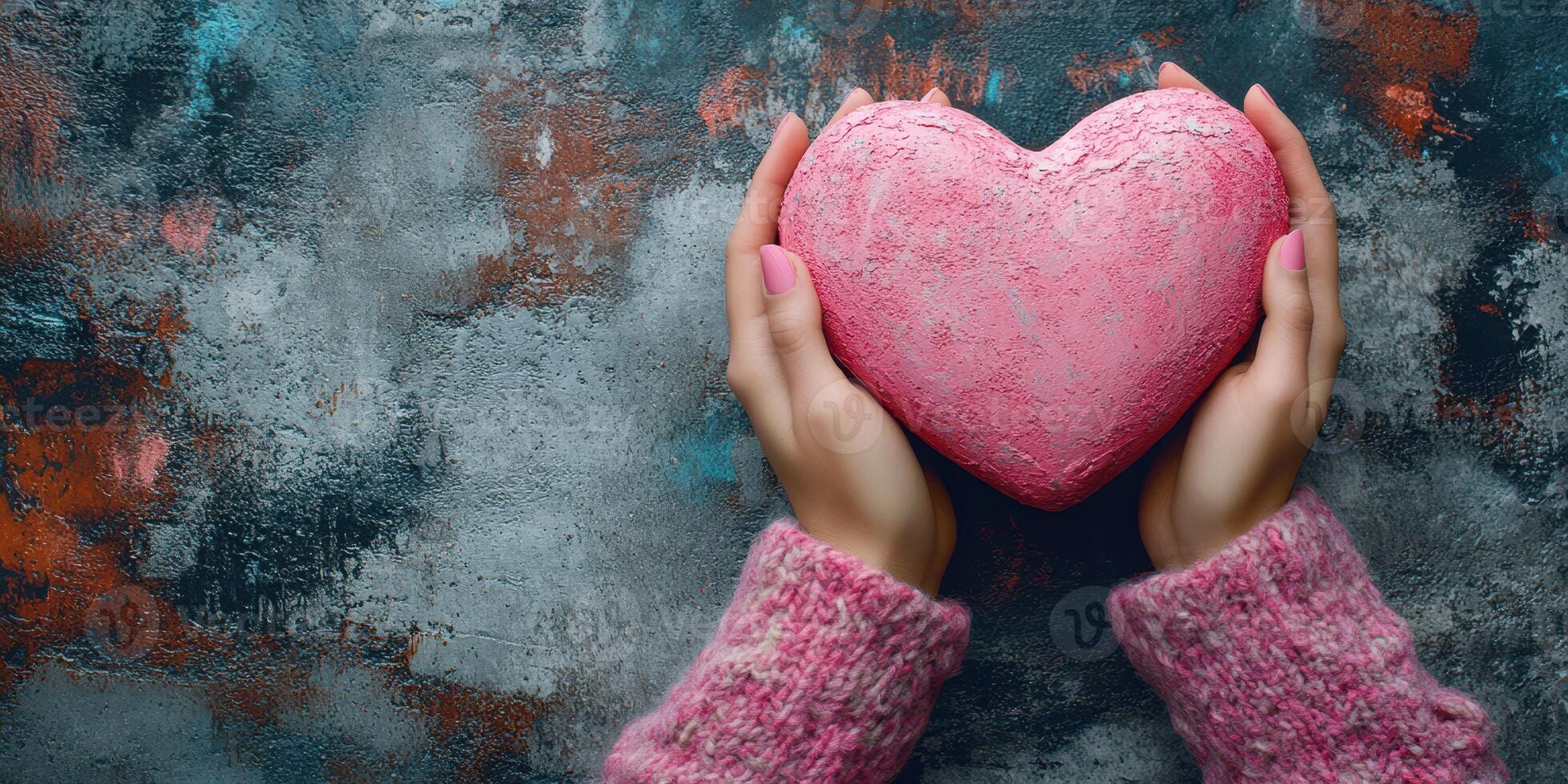 Hands holding a pink heart shaped stone against a textured background with soft colors in a cozy indoor setting photo