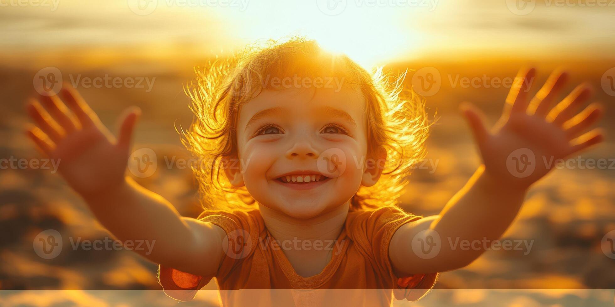 Happy child enjoying sunset on the beach while playing and reaching out with arms wide open photo
