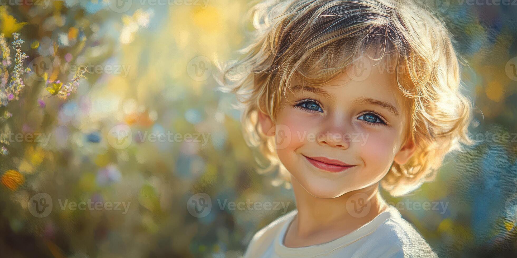 Child with curly blond hair smiles brightly in a sunlit garden filled with colorful flowers during the afternoon photo