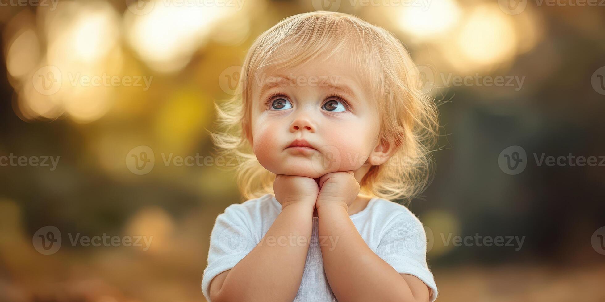 Child gazes thoughtfully outdoors during golden hour light in a serene natural setting photo