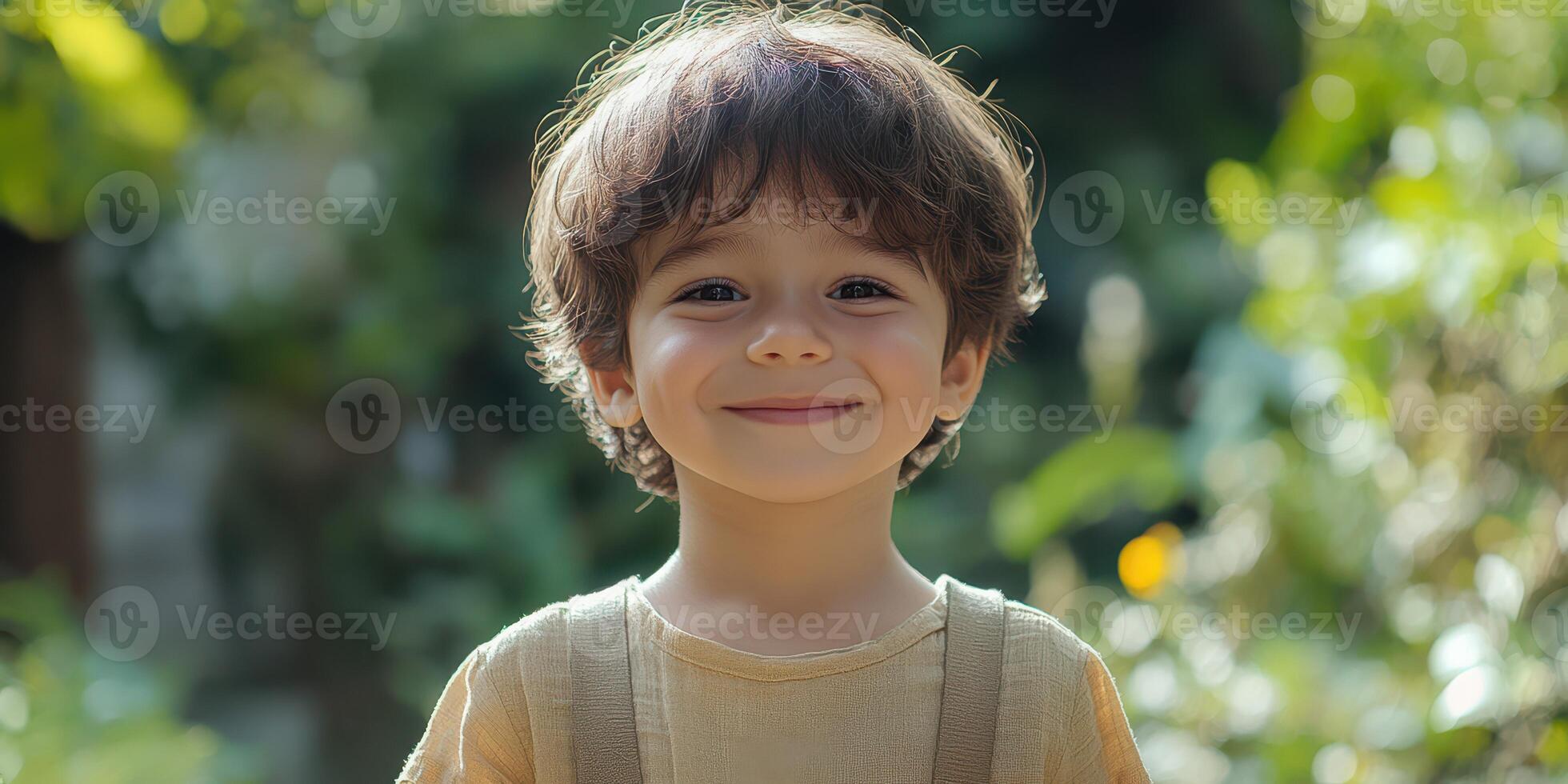 Young child smiles joyfully in a lush garden setting during daylight, capturing pure happiness in nature photo