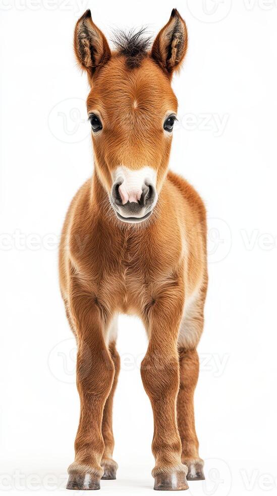 Cute foal stands upright on white background showcasing its playful nature and fluffy mane in a bright light setting photo
