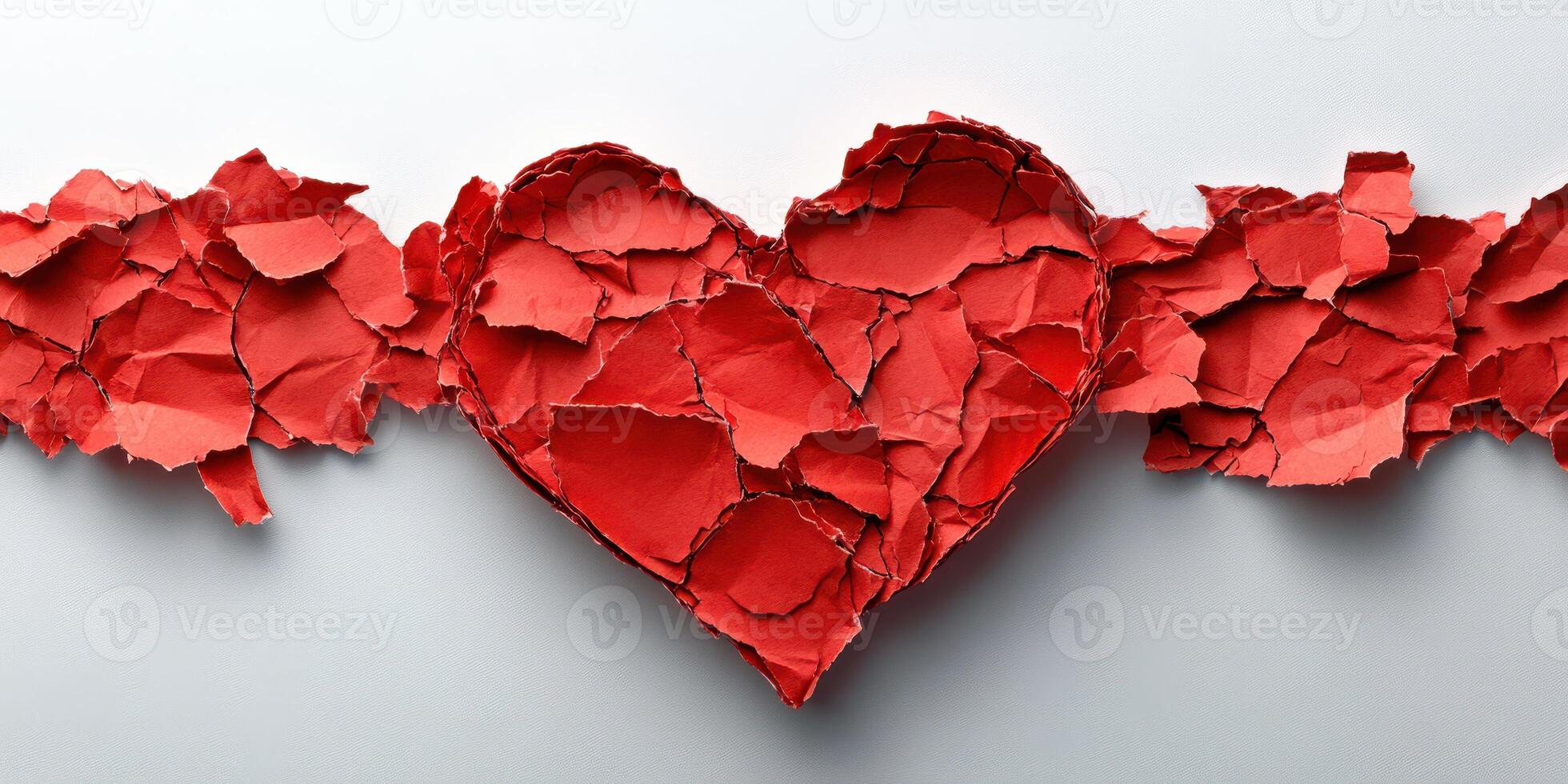 Creative heart shape made of torn red paper pieces on a light background for art and design projects photo