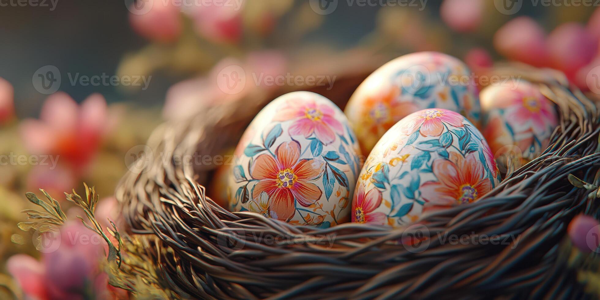 Colorful decorative eggs nestled in a wicker nest surrounded by vibrant flowers during springtime photo