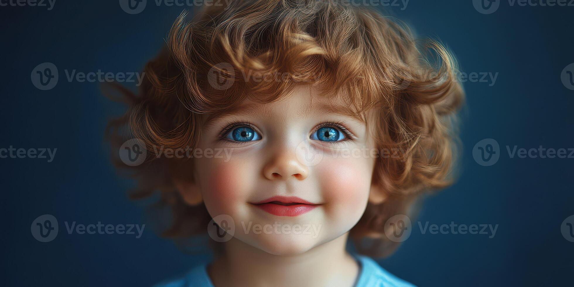 Bright-eyed child with curly red hair smiles against a deep blue background in a warm, inviting portrait photo