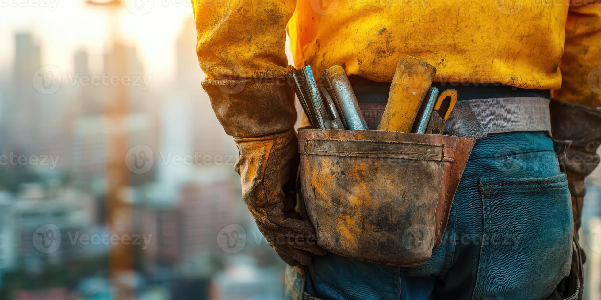 Construction worker stands on rooftop with skyline background during golden hour photo
