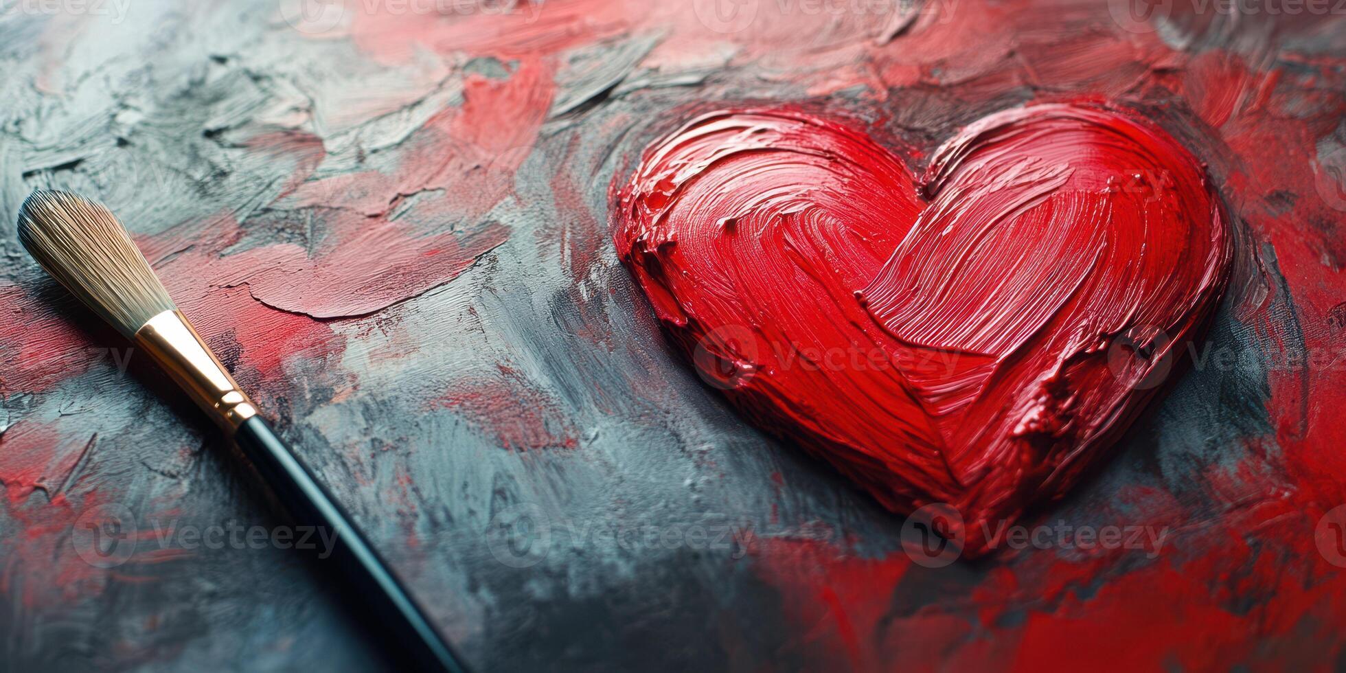 Heart-shaped red paint on a textured black canvas with a brush beside it photo