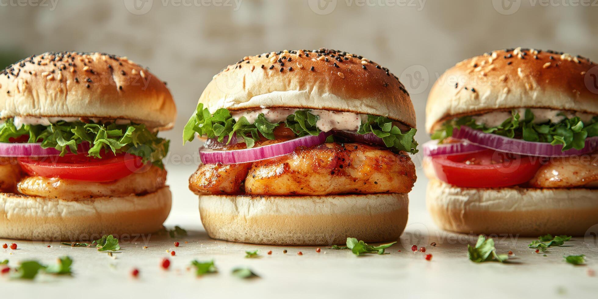 Juicy grilled chicken sandwiches with fresh toppings on a light background at a casual dining setup photo