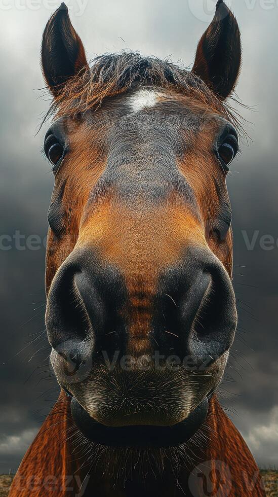 Close-up of a horse looking directly at the camera against a dramatic cloudy sky photo