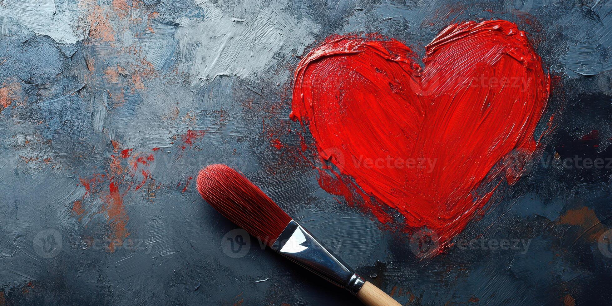 Heart painted in vibrant red with brush on textured gray background photo