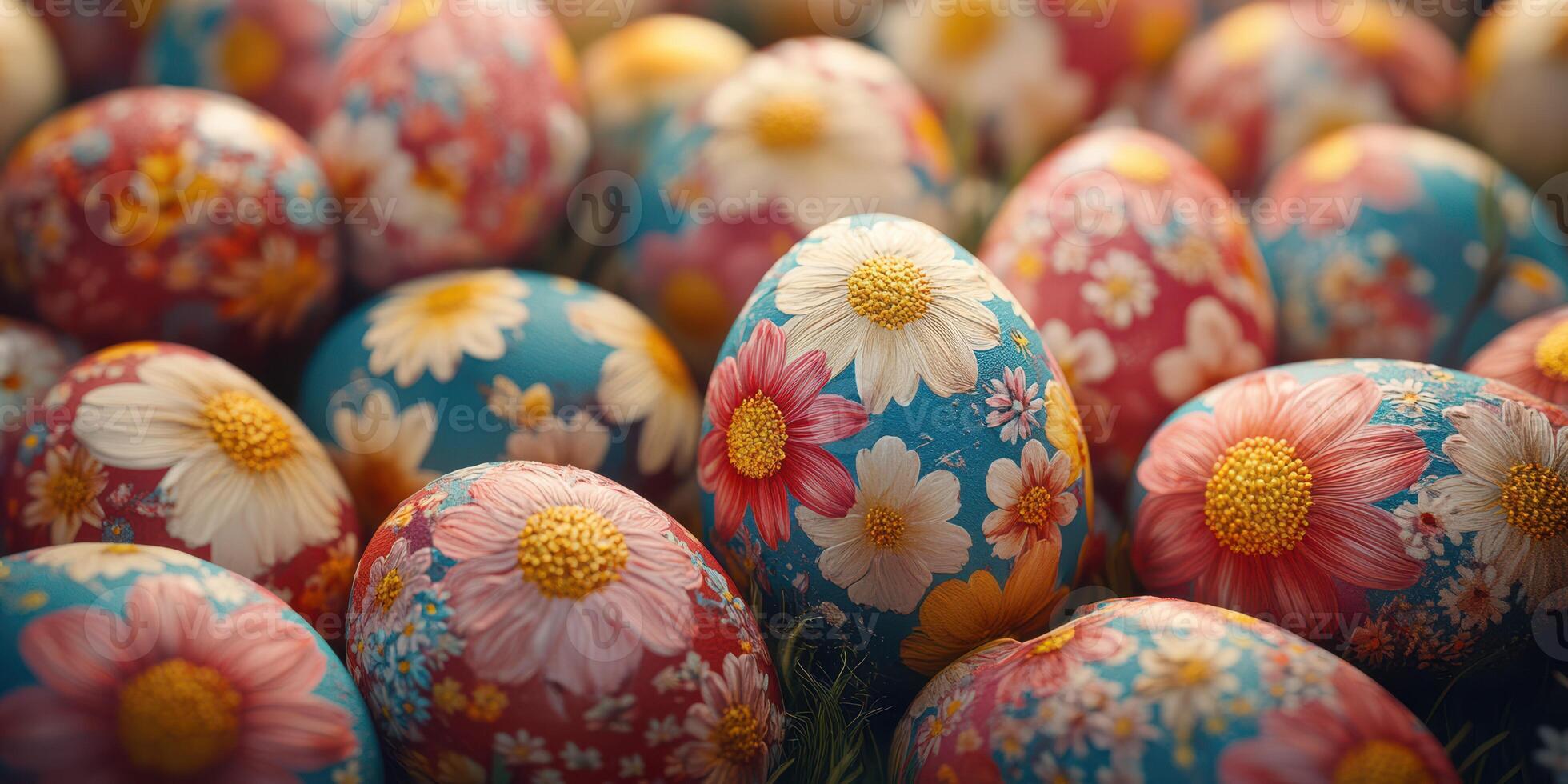 Vibrant decorated Easter eggs in a colorful display with floral patterns captured during spring celebrations photo