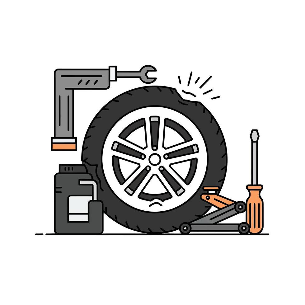A car tire and tools are shown in this illustration vector