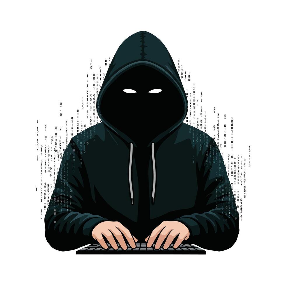Anonymous hacker in hoodie, using computer keyboard vector