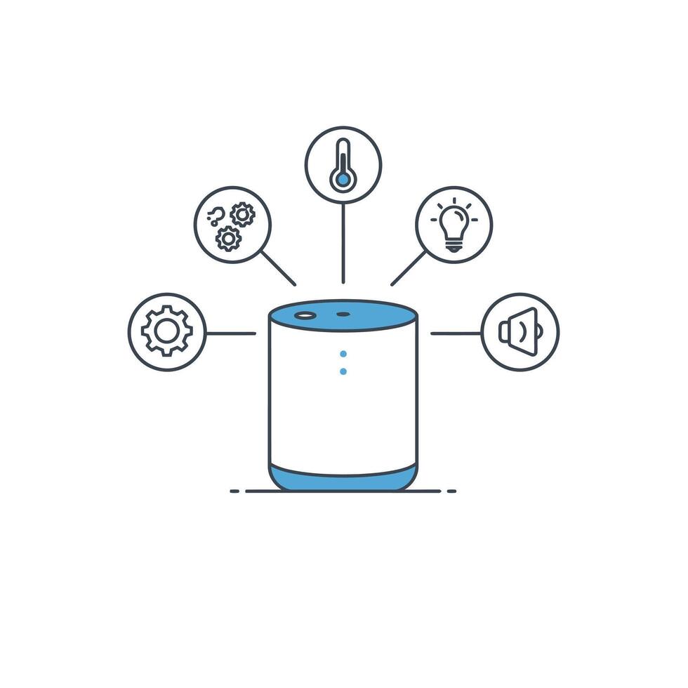 A smart speaker with icons around it vector