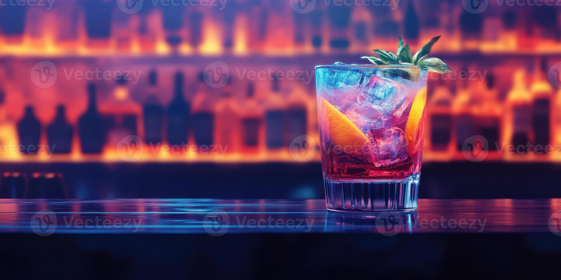 Refreshing cocktail with citrus garnishes sits on bar surrounded by colorful backlighting in a lively atmosphere photo