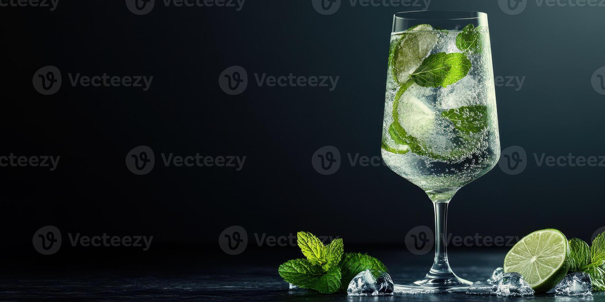 Refreshing cocktail with mint and lime served in a tall glass against a dark background photo