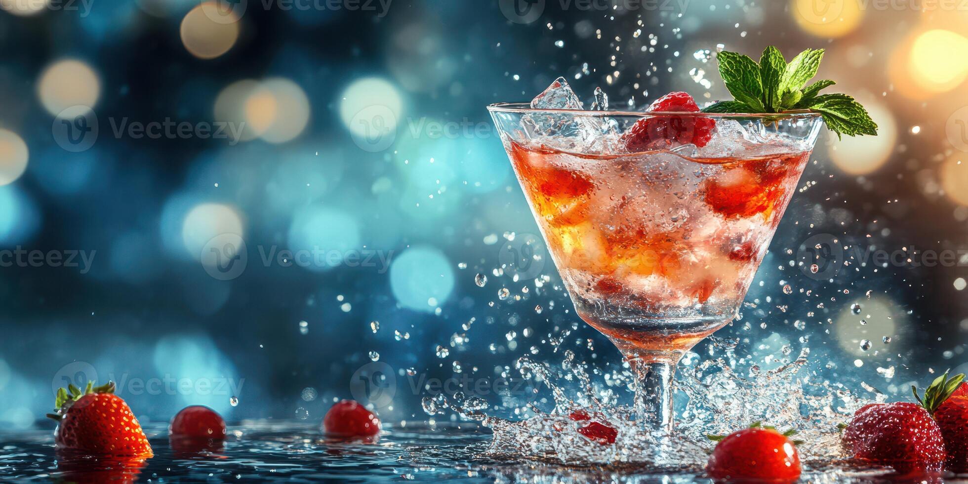 Refreshing cocktail with fresh strawberries and mint splashing in vibrant background photo