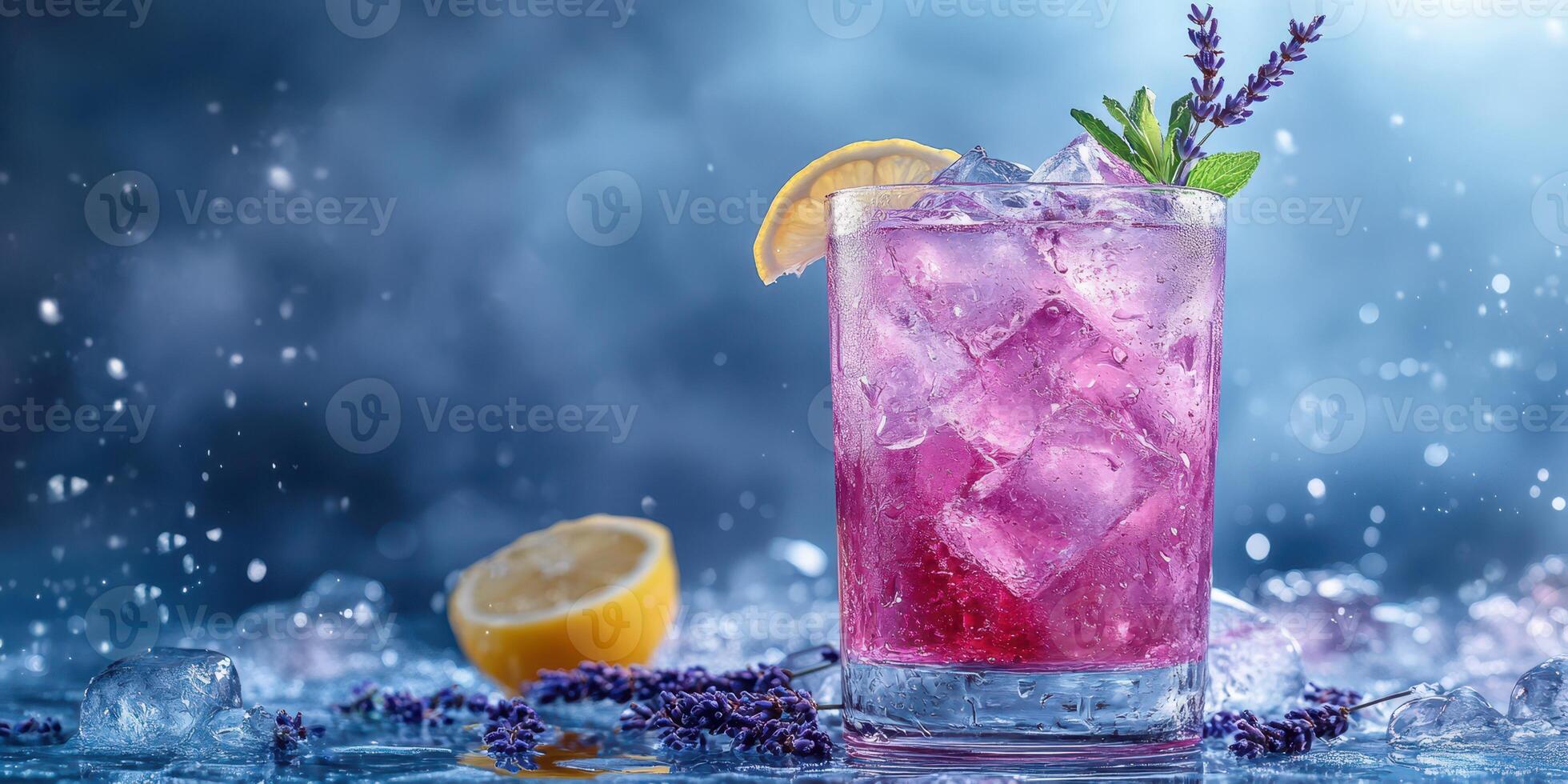 Delicious lavender lemonade cocktail with ice and lemon slices on a vibrant blue background photo