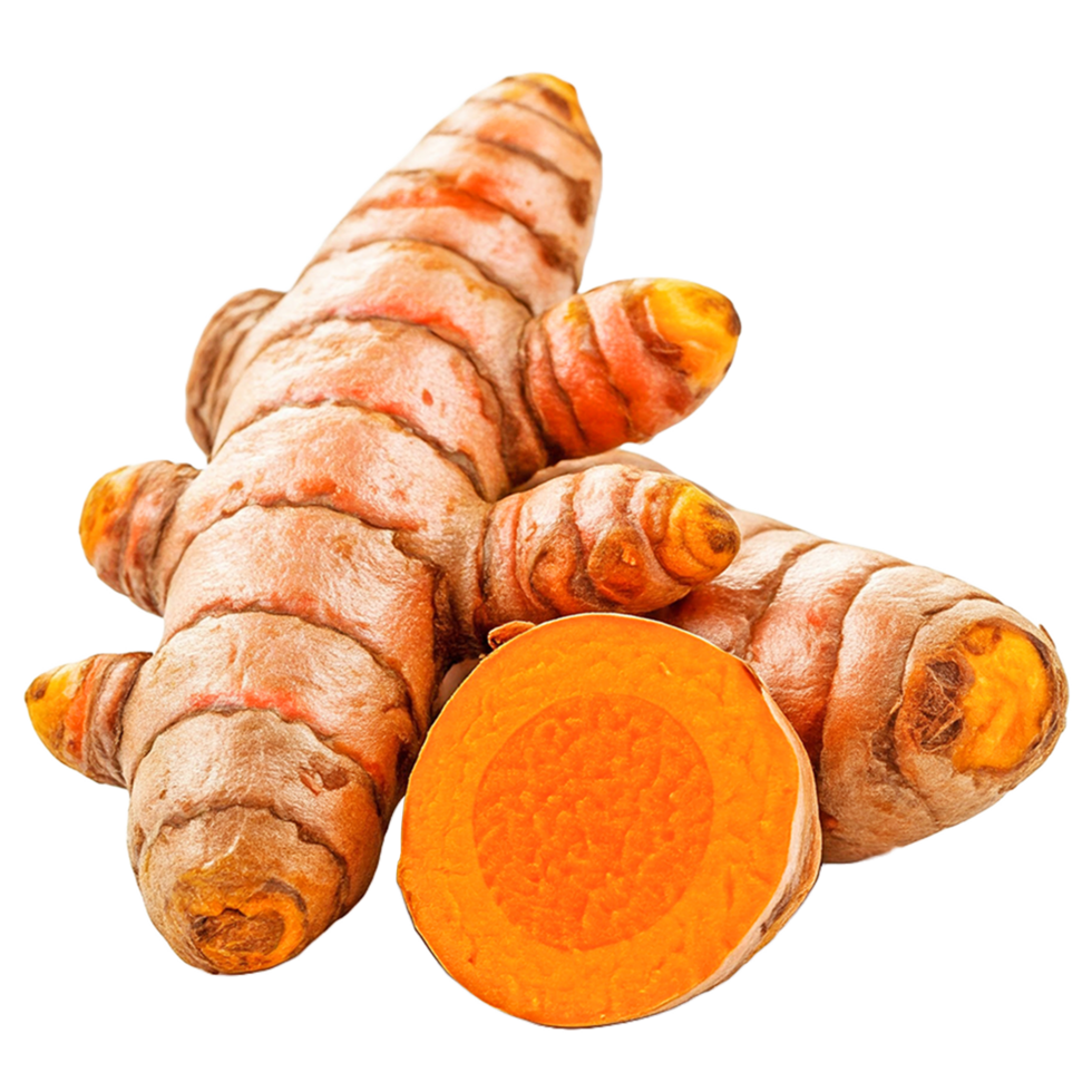 Fresh Raw Turmeric Roots With a Sliced Piece, Cutout png